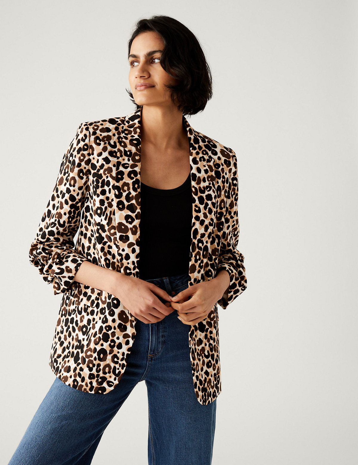 Relaxed Animal Print Ruched Sleeve Blazer