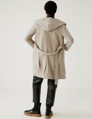 Bernardo Herringbone Belted Hooded Wrap Coat