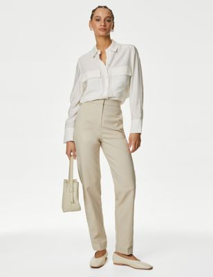 M&S Womens Cotton Blend Slim Fit Ankle Grazer Trousers - 18XSH - Buff, Buff,Soft White,Light Green,N