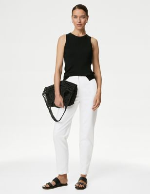 M&S Womens Cotton Blend Slim Fit Ankle Grazer Trousers - 16SHT - Soft White, Soft White,Black,Buff,N
