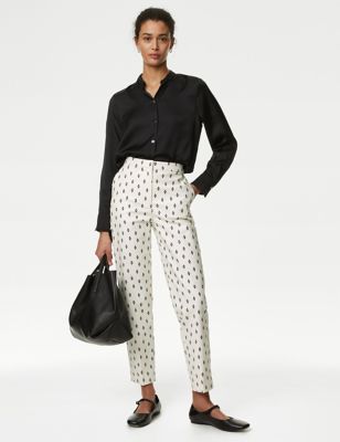 M&S Women's Cotton Rich Geometric Slim Fit Ankle Grazer Trousers - 6SHT - Ivory Mix, Ivory Mix,Black
