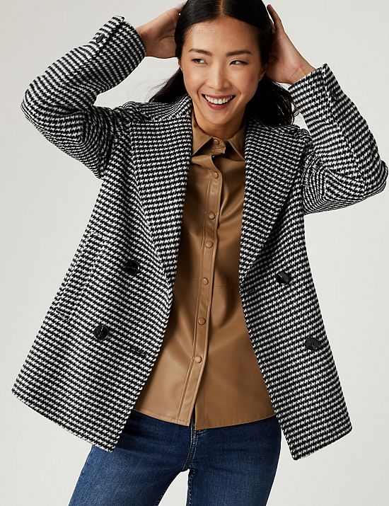 Dogtooth Collared Short Coat with Wool