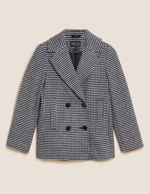M&S Collection Dogtooth Collared Short Coat with Wool - 22 - Black Mix, Black Mix