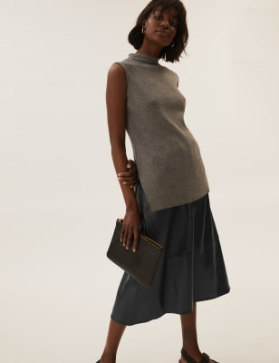 

M&S Collection Falda circular a media pierna imitación de piel de corte en AWomens - Black, Black