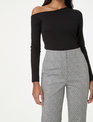 Cotton Rich Geometric Slim Fit Cropped Trousers - NO