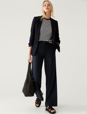 

Womens M&S Collection Linen Blend Wide Leg Trousers - Midnight Navy, Midnight Navy
