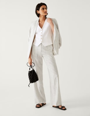 

Womens M&S Collection Hose aus Leinenmischgewebe mit weitem Bein und Streifenmuster - Ivory Mix, Ivory Mix