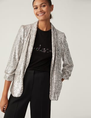 Relaxed Sequin Ruched Sleeve Blazer