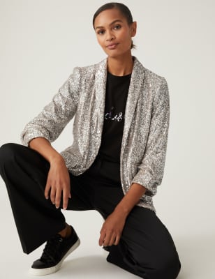 Relaxed Sequin Ruched Sleeve Blazer