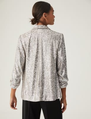 Relaxed Sequin Ruched Sleeve Blazer