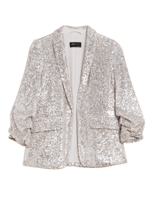 

Womens M&S Collection Bequemer Blazer mit Rüschenärmeln und Paillettenverzierung - Champagne, Champagne