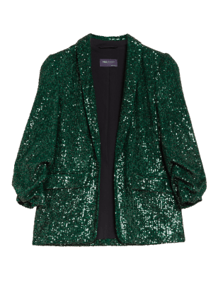 

Womens M&S Collection Relaxed Sequin Ruched Sleeve Blazer - Green, Green