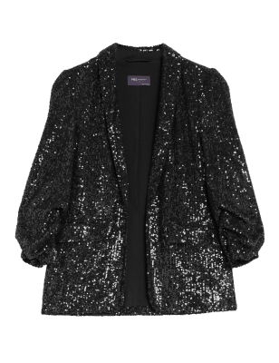 

Womens M&S Collection Relaxed Sequin Ruched Sleeve Blazer - Black, Black
