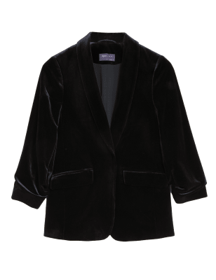

Womens M&S Collection Bequemer Samt-Blazer mit gerafften Ärmeln - Black, Black