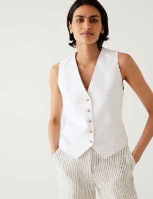 

Womens M&S Collection Linen Blend Tailored Waistcoat - Soft White, Soft White