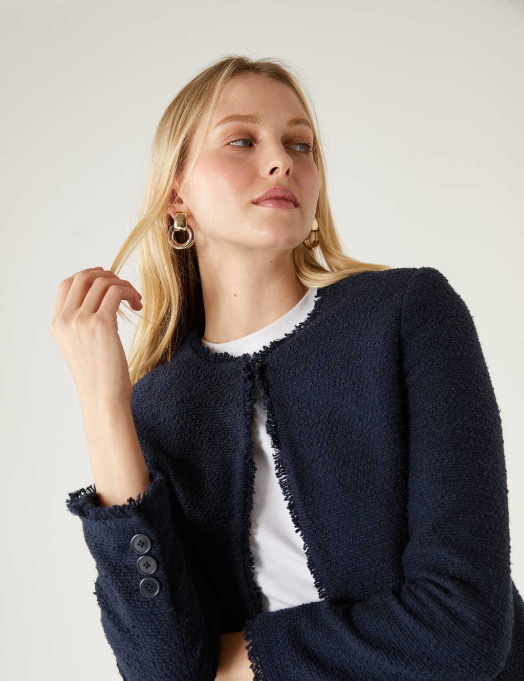 Pure Cotton Tweed Collarless Short Jacket image 1