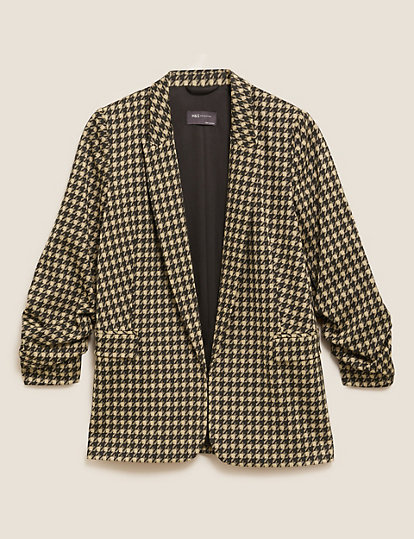 Jersey Dogtooth Ruched Sleeve Blazer Jacket