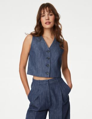M&S Womens Cotton Rich Single Breasted Waistcoat - 16 - Blue Mix, Blue Mix