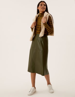 

Womens M&S Collection Faux Leather Midi A-Line Skirt - Khaki, Khaki