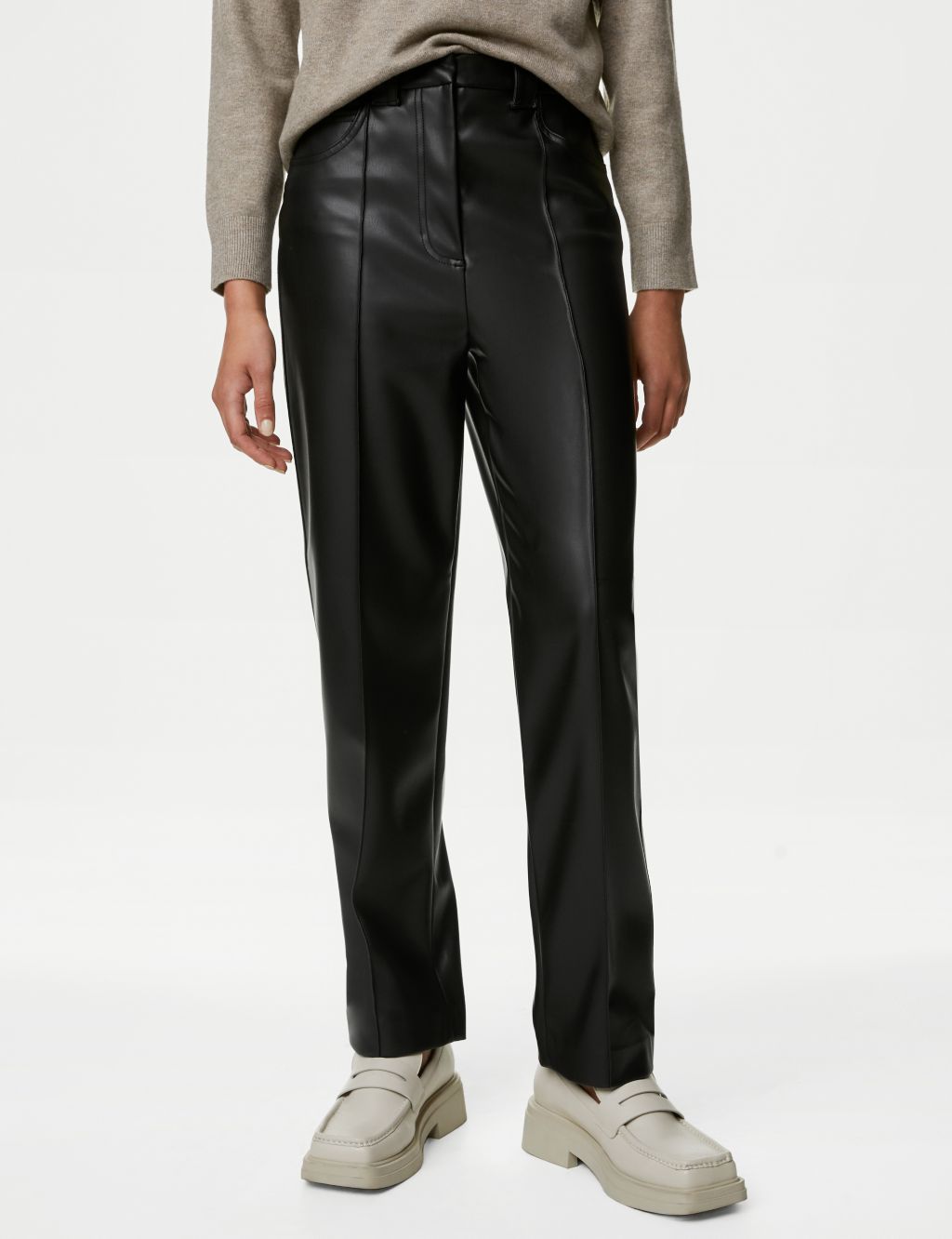 Leather Look Straight Leg Cropped Trousers image 3