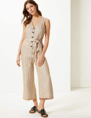 Beige best sale striped jumpsuit