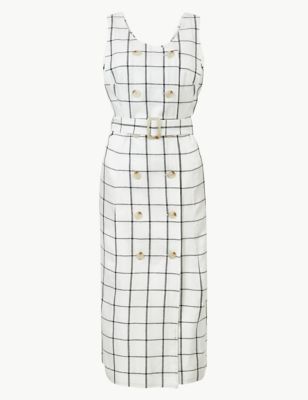 Pure Linen Checked Waisted Midi Dress | M&S Collection | M&S