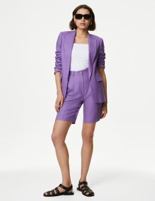 M&S Womens Linen Rich Relaxed Single Breasted Blazer - 8 - Amethyst, Amethyst,Pink Shell