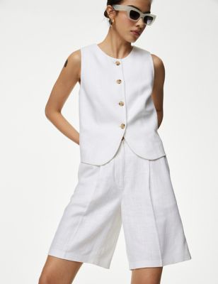 M&S Womens Linen Blend High Waisted Bermuda Shorts - 8REG - Soft White, Soft White,Amethyst