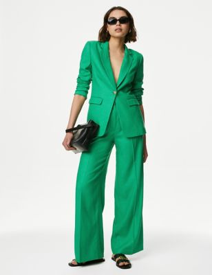 M&S Womens Linen Rich Single Breasted Blazer - 16 - Medium Green, Medium Green,Soft White,Black,Brig
