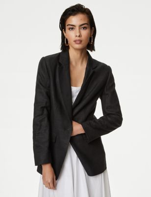 M&S Womens Linen Rich Single Breasted Blazer - 8 - Black, Black