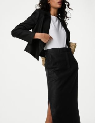 M&S Women's Linen Blend Side Split Maxi Column Skirt - 10REG - Black, Black