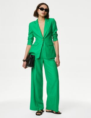 M&S Women's Linen Rich Pleated Wide Leg Trousers - 16SHT - Medium Green, Medium Green,Soft White,Bla