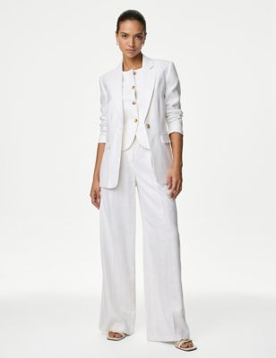 M&S Womens Linen Rich Pleated Wide Leg Trousers - 12SHT - Soft White, Soft White,Black