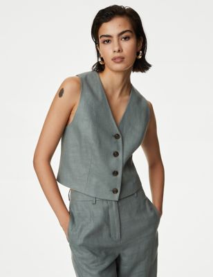 M&S Women's Linen Rich Tailored Waistcoat - 16 - Dark Sage, Dark Sage,Black