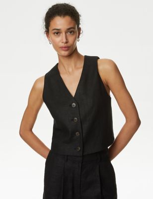 M&S Womens Linen Rich Tailored Wasitcoat - 12 - Black, Black