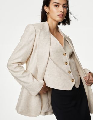 M&S Womens Linen Blend Relaxed Single Breasted Blazer - 16 - Neutral, Neutral