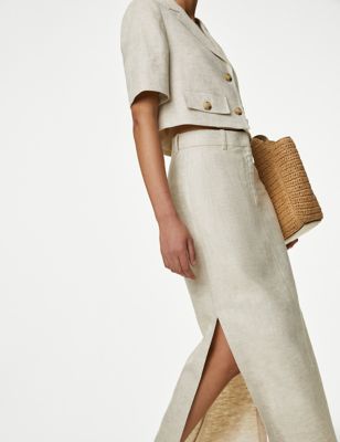 M&S Womens Linen Blend Side Split Maxi Column Skirt - 12REG - Neutral, Neutral
