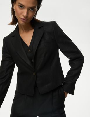 M&S Womens Linen Blend Revere Collar Cropped Blazer - 6 - Black, Black
