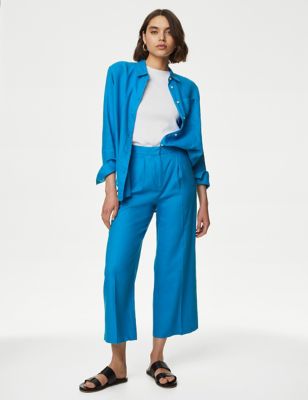 M&S Womens Linen Rich Wide Leg Cropped Trousers - 6SHT - Bright Blue, Bright Blue