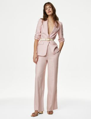 M&S Women's Linen Rich Wide Leg Trousers - 24REG - Pink Shell, Pink Shell,Onyx