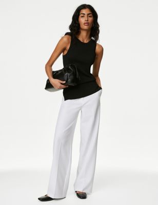 M&S Womens Woven Elasticated Waist Wide Leg Trousers - 16LNG - Soft White, Soft White