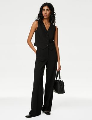 M&S Womens Woven Elasticated Waist Wide Leg Trousers - 10SHT - Black, Black,Soft White