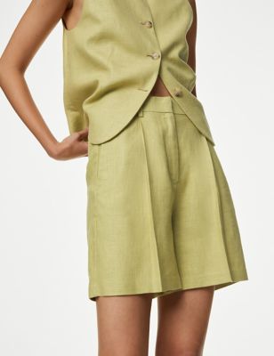 M&S Womens Linen Rich High Waisted Pleat Front Shorts - 12REG - Onyx, Onyx,Black,Medium Green