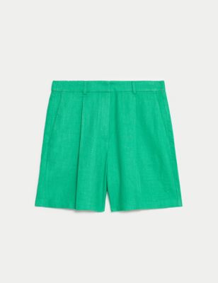 

Womens M&S Collection Linen Rich High Waisted Pleat Front Shorts - Medium Green, Medium Green