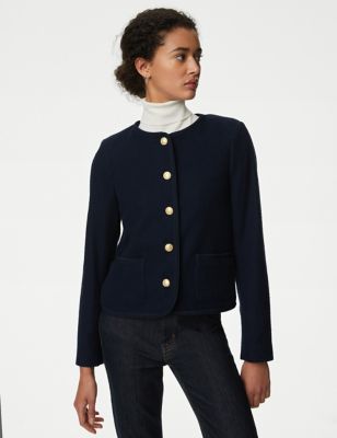 Pure Cotton Tweed Collarless Short Jacket