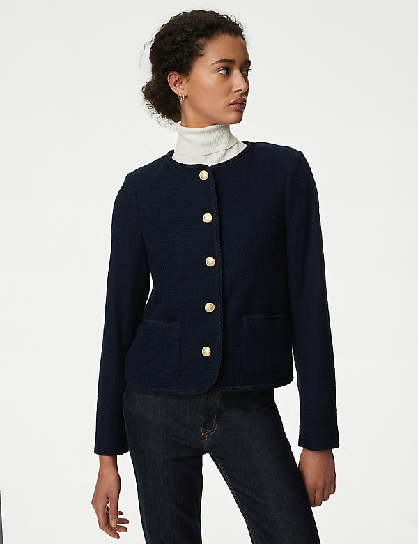 Pure Cotton Tweed Collarless Short Jacket - CA