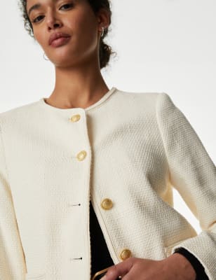 Pure Cotton Tweed Collarless Short Jacket