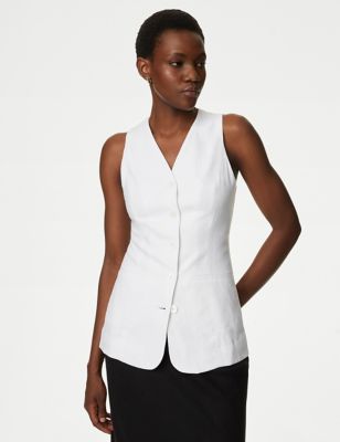 M&S Womens Linen Blend Button Through Longline Waistcoat - 16 - Soft White, Soft White