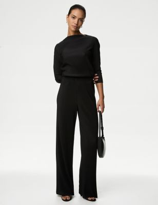 M&S Womens Plisse Wide Leg Trousers - 6SHT - Black, Black,Dark Khaki