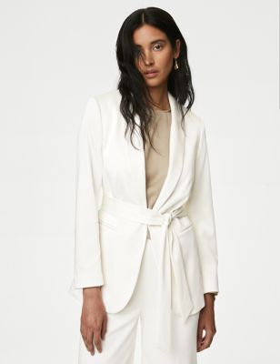 M&S Womens Satin Single Breasted Belted Blazer - 10 - Ivory, Ivory